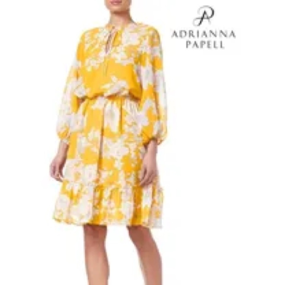 Adrianna Papell Yellow and White Floral Tiered Midi Dress